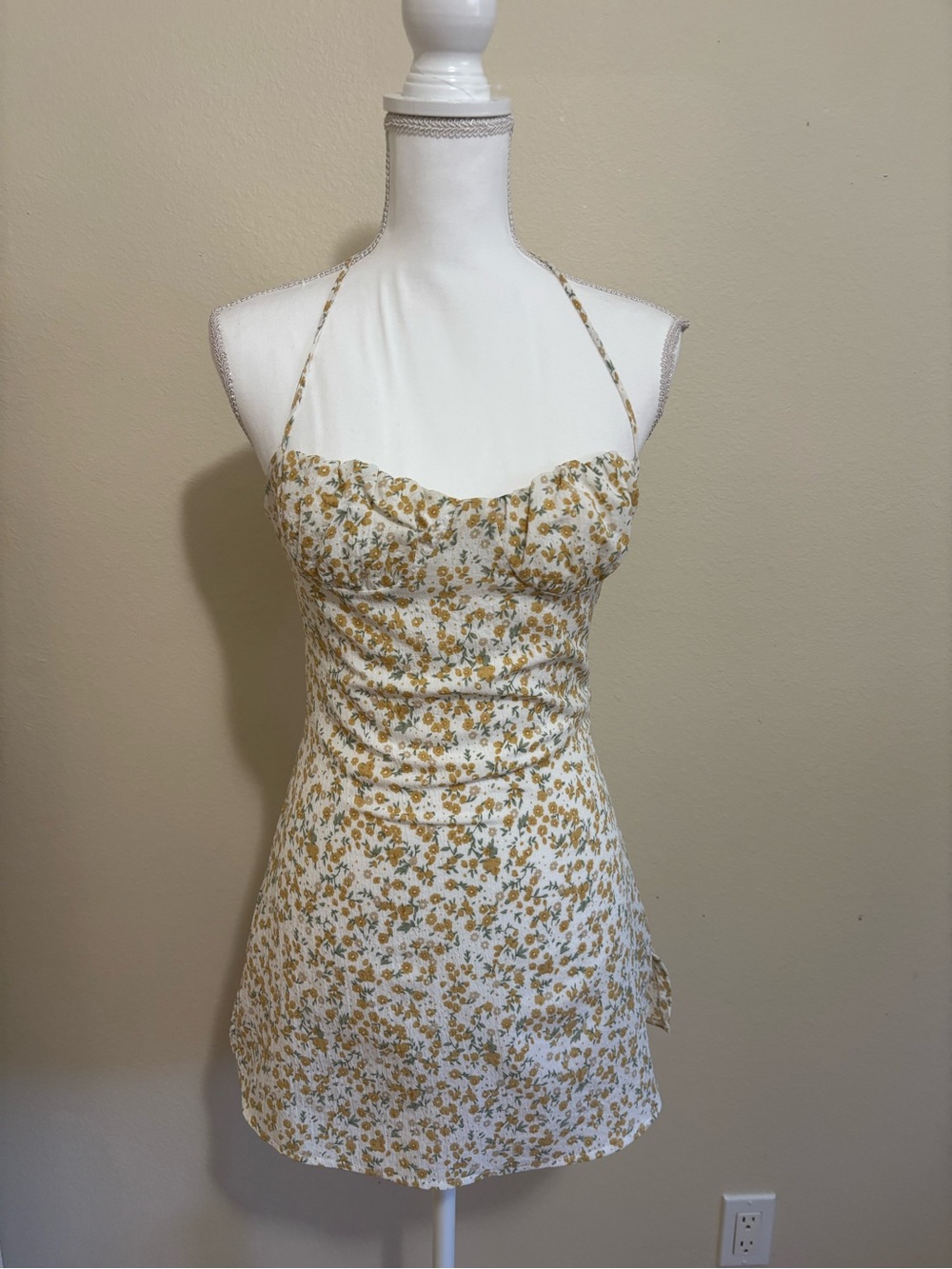 La Hearts Cream Mini Dress with Yellow Floral Print